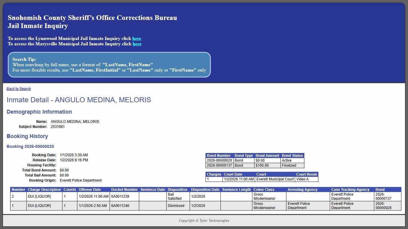 Inmate Detail - ANGULO MEDINA, MELORIS